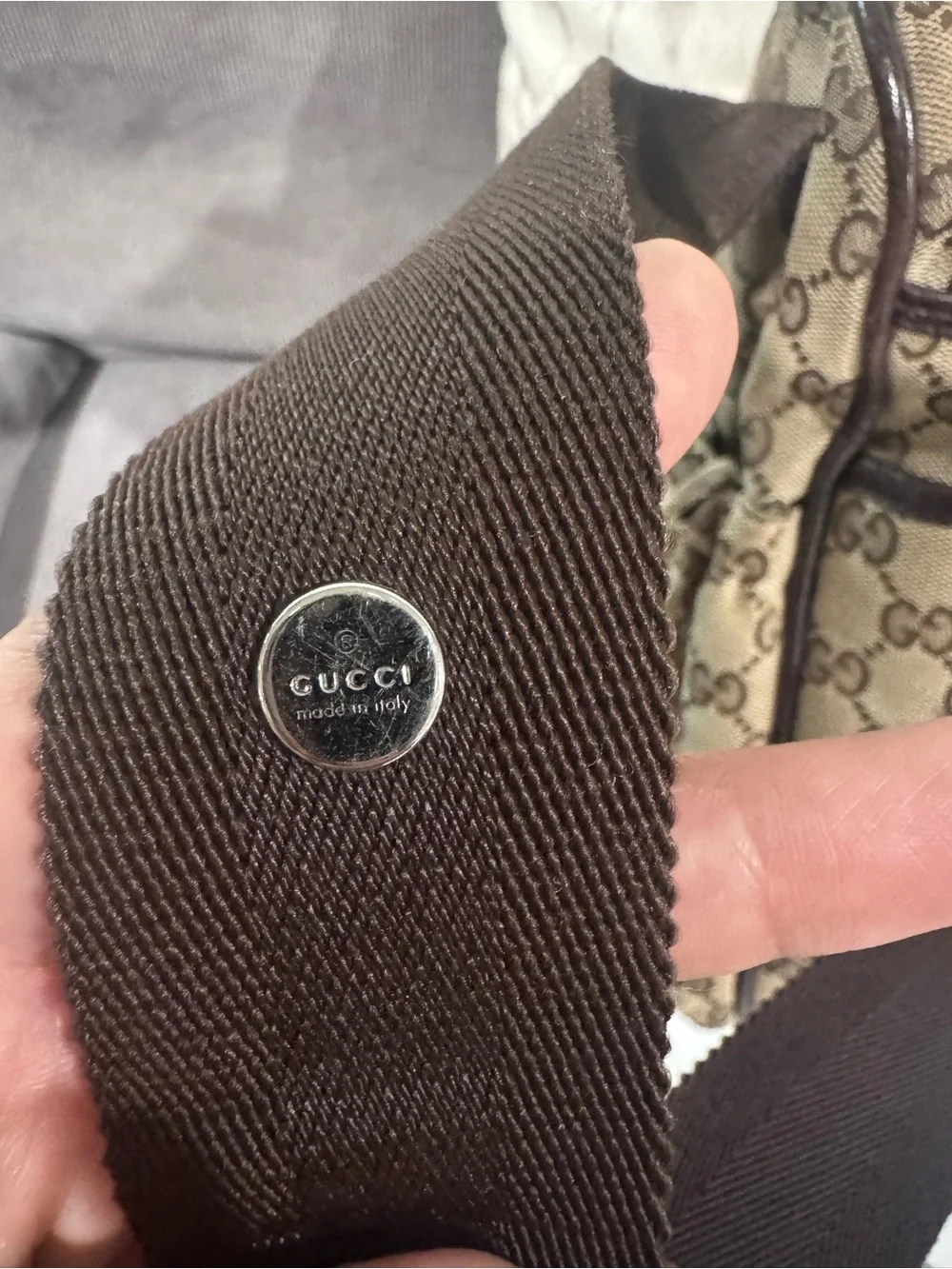 Gucci Beige GG Canvas Baby Messenger Bag with Dark Brown Trim